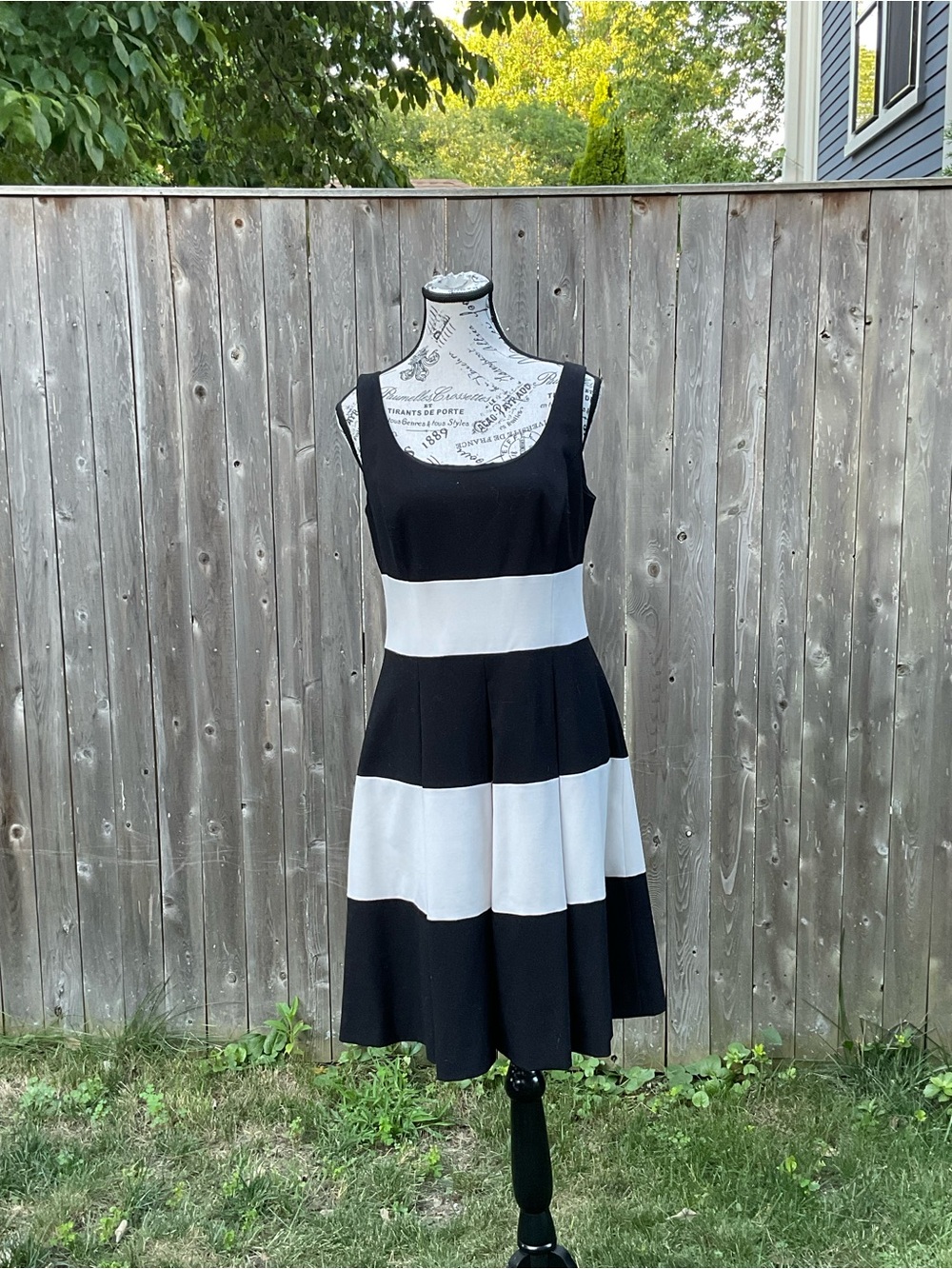 Ralph Lauren Black and White Striped Midi Fit-and-Flare Dress